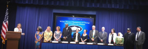 (L-R) Christy Goldfuss, Managing Director, White House Council on Environmental Quality, and the White House Climate Faith Leaders Champions of Change: Sunita Viswanath, Huda Alkaff, Rev. Kim Morrow, Rev. Dr. Gerald Durley, Sister Joan Brown, Cassandra Carmichael, Stephen Beumer, Patrick Carolan, Rachael Lamb, Nana Firman, Rev. Lennox Yearwood, Jr. and Rabbi Marc Soloway.